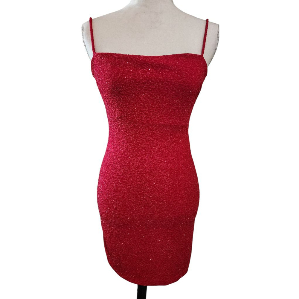 Windsor Red Glitter Mini Dress Open Back Spaghetti Straps Bodycon Ruched M
